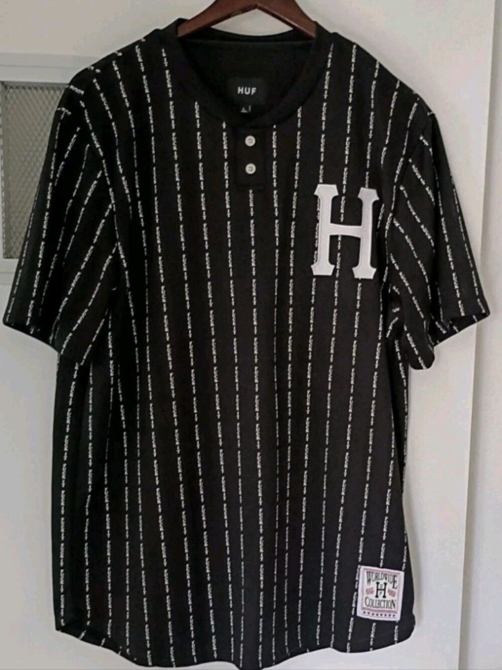 Huf Worldwide "F* it"Collection Black & White Stripe Baseball Jersey Large Rare - Picture 2 of 5